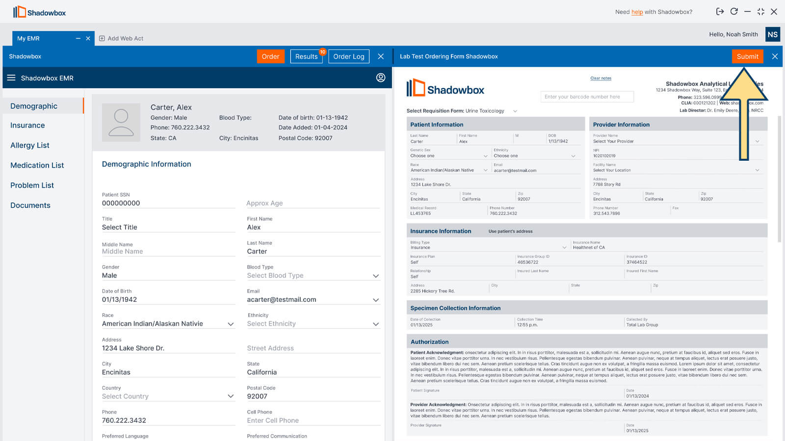 Figure 1.7 EHR and Req Form Split Screen Submit Button Location