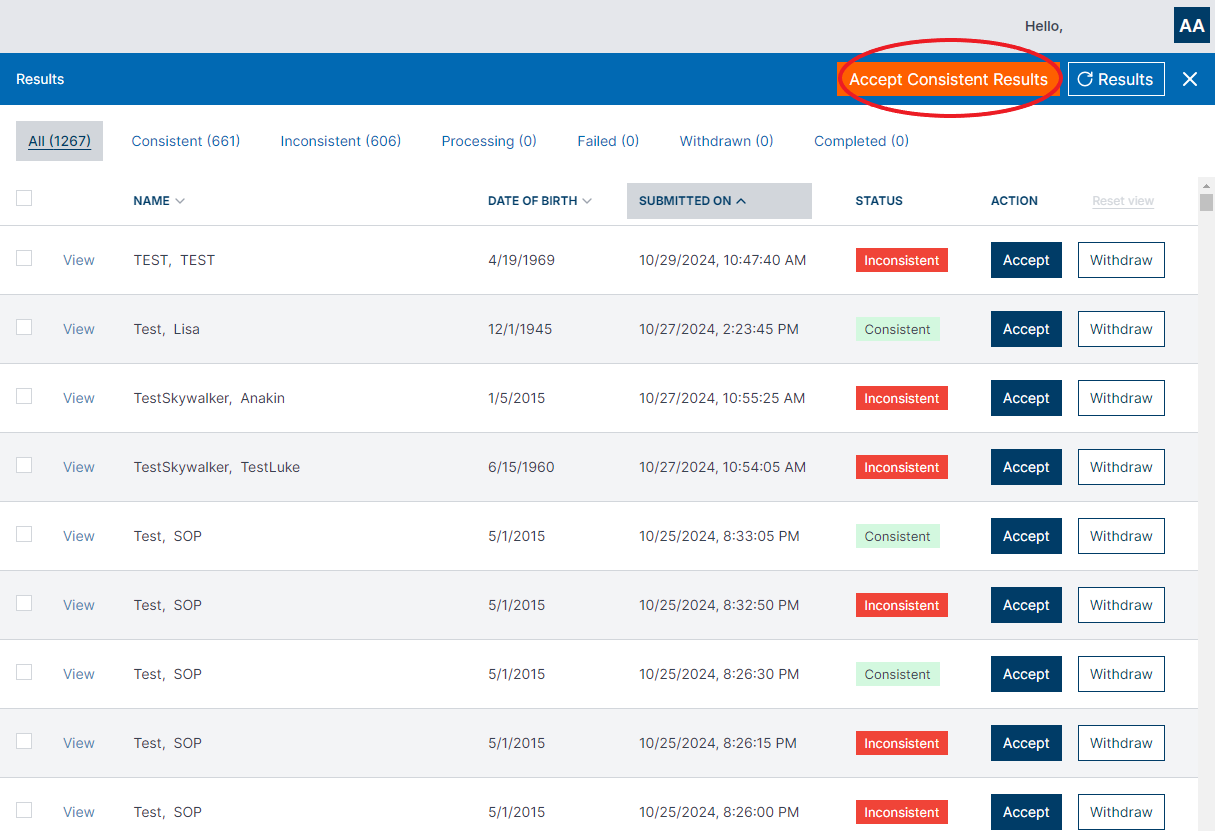 Figure 1.10 Results Log - Accept All